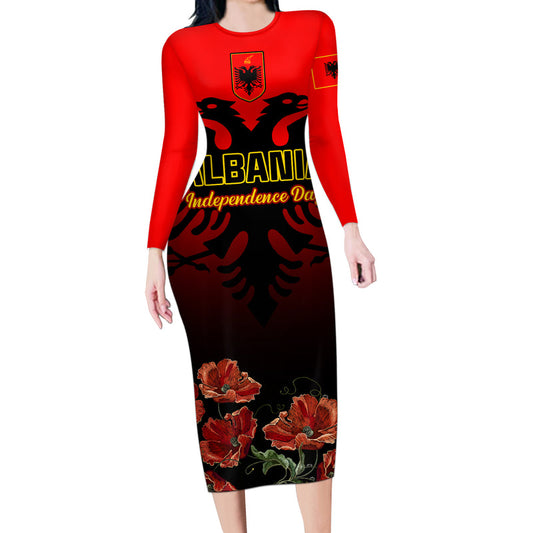 Albania Independence Day Albanian Coat Of Arms With Red Poppy Flower Long Sleeve Bodycon Dress