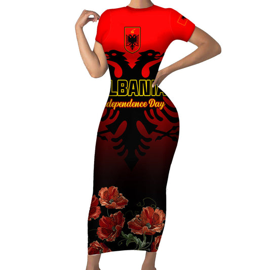 Albania Independence Day Albanian Coat Of Arms With Red Poppy Flower Short Sleeve Bodycon Dress