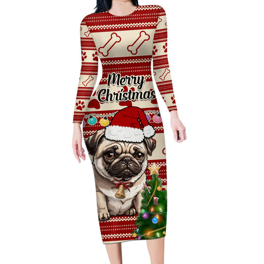 Custom Dog Christmas Cute Pug Dog With Xmas Tree Long Sleeve Bodycon Dress