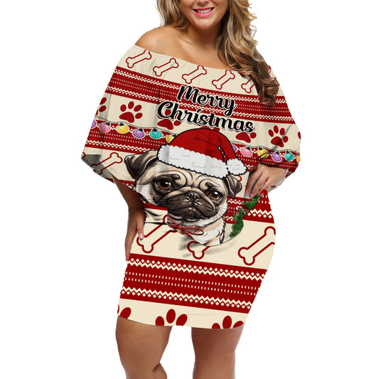 Custom Dog Christmas Cute Pug Dog With Xmas Tree Off Shoulder Short Dress