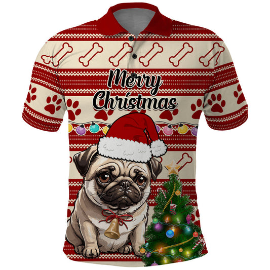 Custom Dog Christmas Cute Pug Dog With Xmas Tree Polo Shirt