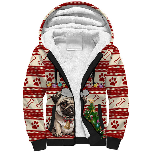 Custom Dog Christmas Cute Pug Dog With Xmas Tree Sherpa Hoodie