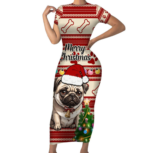 Custom Dog Christmas Cute Pug Dog With Xmas Tree Short Sleeve Bodycon Dress