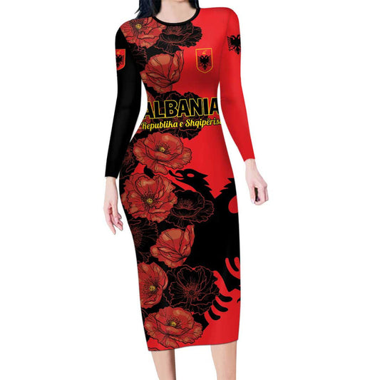 Albania Eagle Red Poppy Flowers Long Sleeve Bodycon Dress
