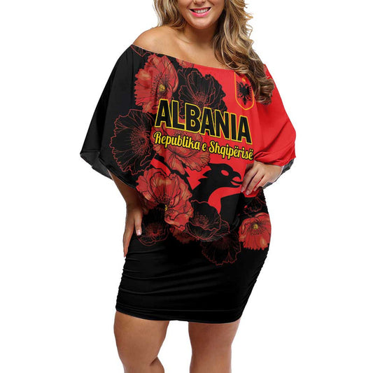Albania Eagle Red Poppy Flowers Off Shoulder Short Dress