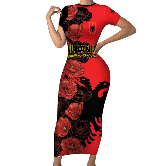 Albania Eagle Red Poppy Flowers Short Sleeve Bodycon Dress