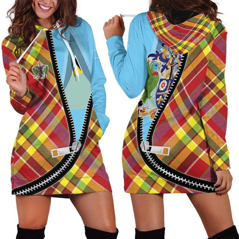 Saint Lucia Creole Day Madras Pattern Zipper Stylized Hoodie Dress