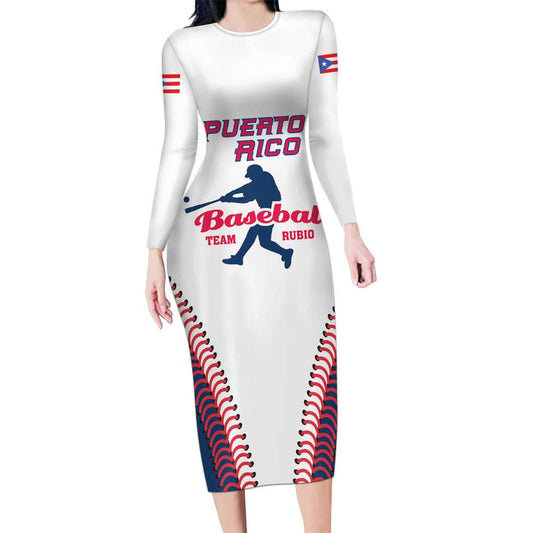 Custom Baseball Puerto Rico 2025 Team Rubio Retro Style Long Sleeve Bodycon Dress