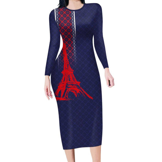Custom Midnight Navy Football Paris Architectural Heritage Style Long Sleeve Bodycon Dress