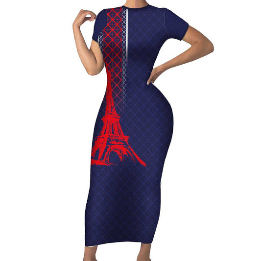 Custom Midnight Navy Football Paris Architectural Heritage Style Short Sleeve Bodycon Dress