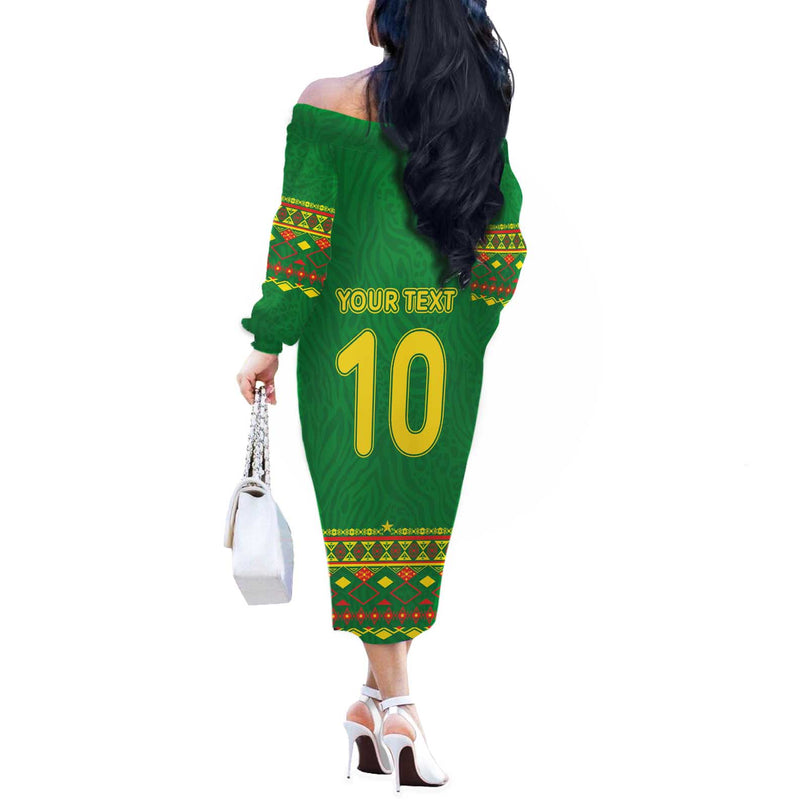 Custom Cameroon Football Tribal Motifs Green Color Off The Shoulder Long Sleeve Dress