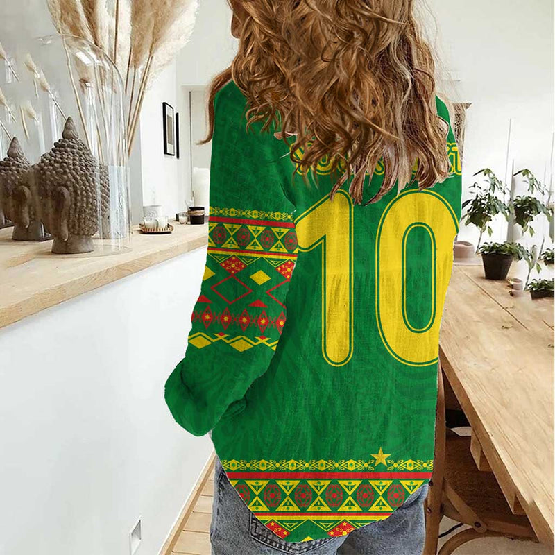 Custom Cameroon Football Tribal Motifs Green Color Women Casual Shirt