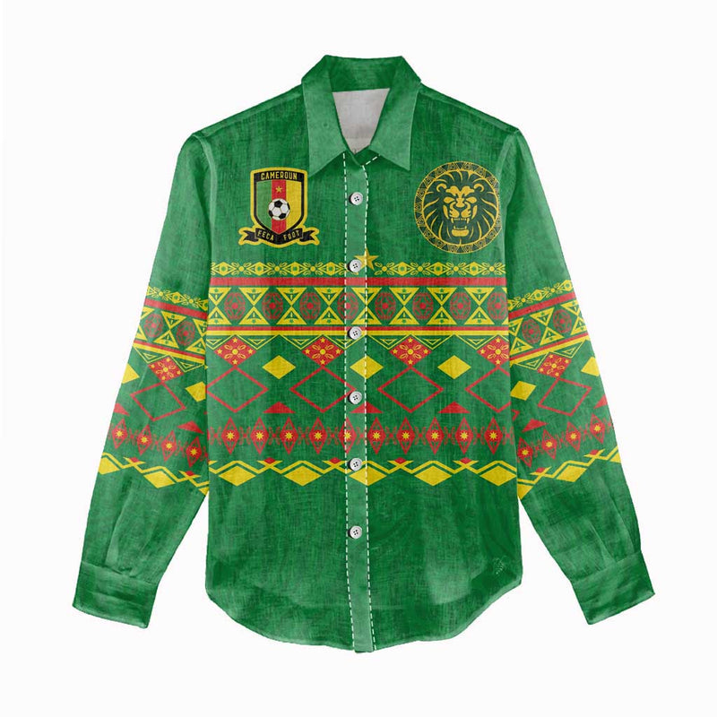 Custom Cameroon Football Tribal Motifs Green Color Women Casual Shirt