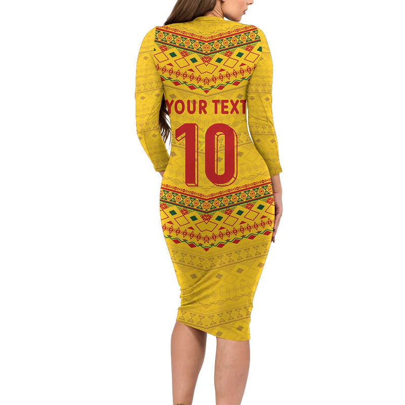 Custom Cameroon Football Tribal Motifs Yellow Color Long Sleeve Bodycon Dress