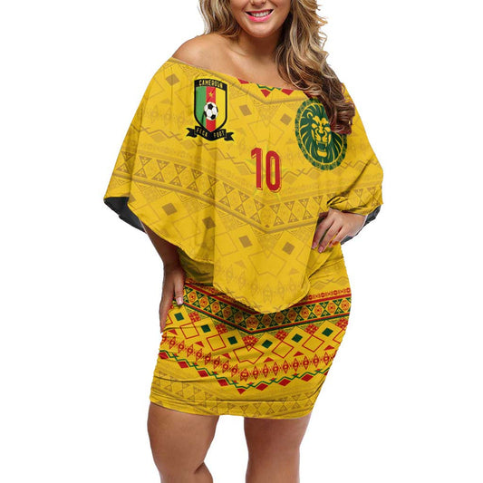 Custom Cameroon Football Tribal Motifs Yellow Color Off Shoulder Short Dress