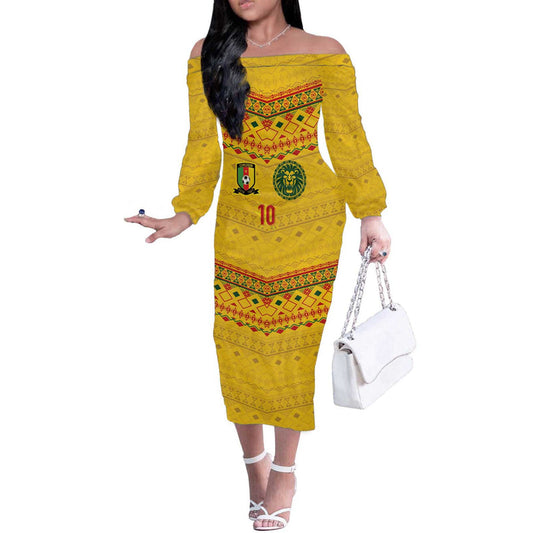 Custom Cameroon Football Tribal Motifs Yellow Color Off The Shoulder Long Sleeve Dress