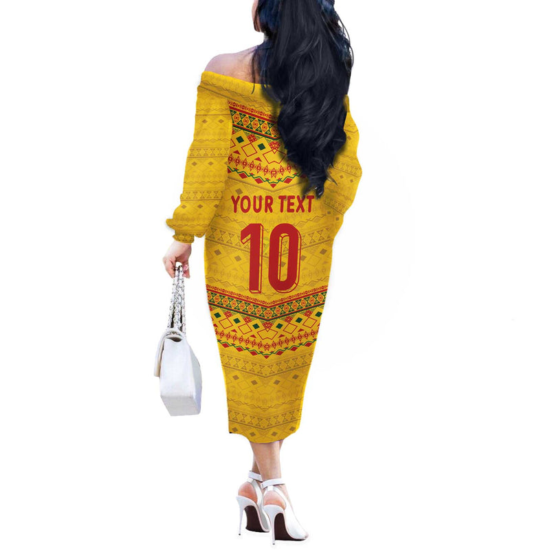Custom Cameroon Football Tribal Motifs Yellow Color Off The Shoulder Long Sleeve Dress