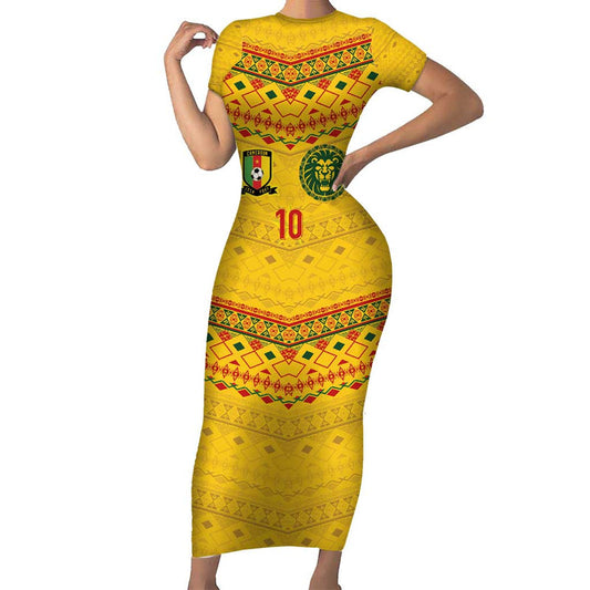 Custom Cameroon Football Tribal Motifs Yellow Color Short Sleeve Bodycon Dress