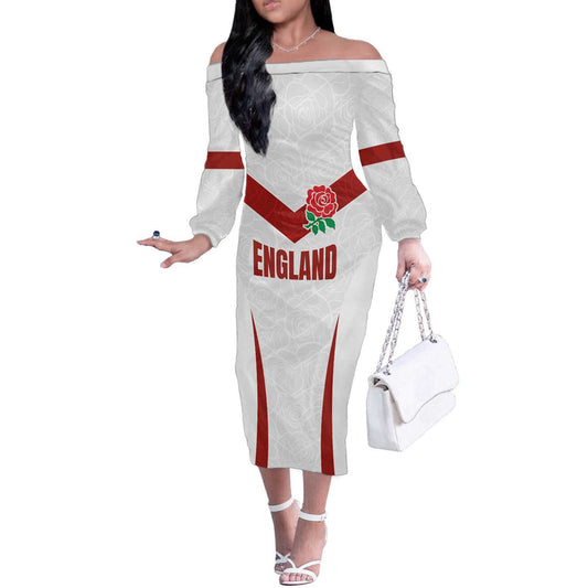 Custom England Rugby-the Red Rose Go Champions Off The Shoulder Long Sleeve Dress
