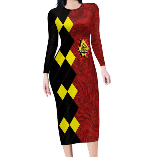 Custom Belgium Football 2024 Go Champion Long Sleeve Bodycon Dress