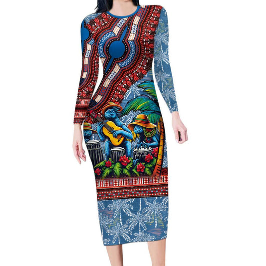 Afro-caribbean African Dashiki Style With Caribbean Music With Blue Iguanas Long Sleeve Bodycon Dress