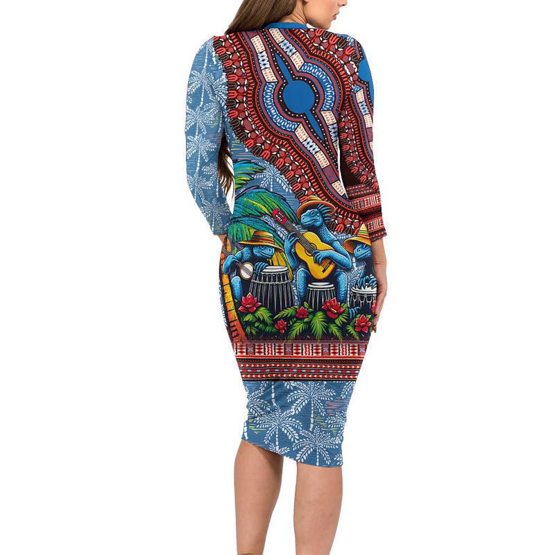 Afro-caribbean African Dashiki Style With Caribbean Music With Blue Iguanas Long Sleeve Bodycon Dress