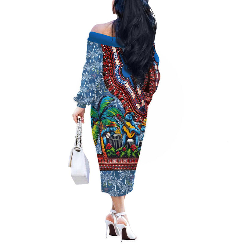 Afro-caribbean African Dashiki Style With Caribbean Music With Blue Iguanas Off The Shoulder Long Sleeve Dress