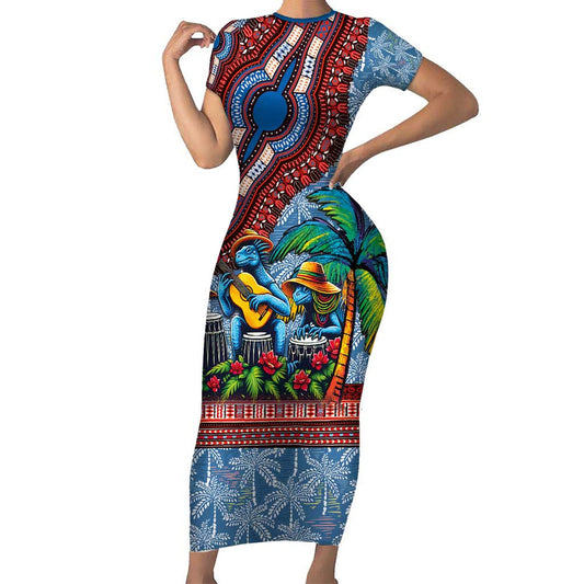 Afro-caribbean African Dashiki Style With Caribbean Music With Blue Iguanas Short Sleeve Bodycon Dress