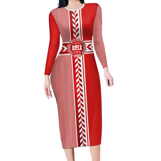 Custom Denmark National Football The Red And Whites Sporty Style Long Sleeve Bodycon Dress