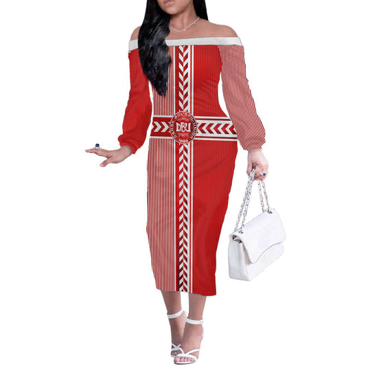 Custom Denmark National Football The Red And Whites Sporty Style Off The Shoulder Long Sleeve Dress