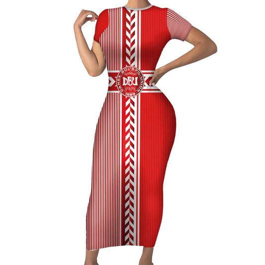 Custom Denmark National Football The Red And Whites Sporty Style Short Sleeve Bodycon Dress