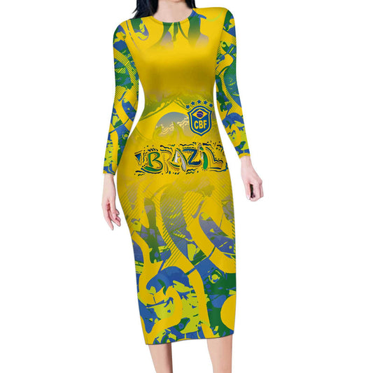 Custom Brazil Football Champion 2024 Long Sleeve Bodycon Dress