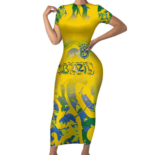 Custom Brazil Football Champion 2024 Short Sleeve Bodycon Dress