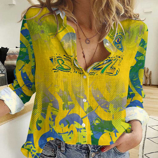 Custom Brazil Football Champion 2024 Women Casual Shirt