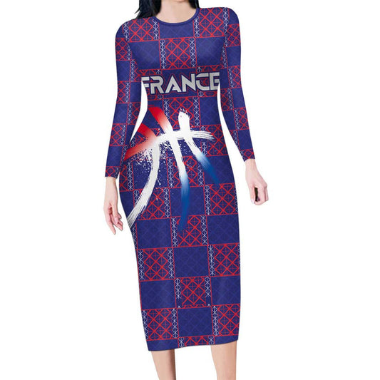 Custom Basketball Fan Jersey French Paris Architectural Heritage Checkered Style Long Sleeve Bodycon Dress