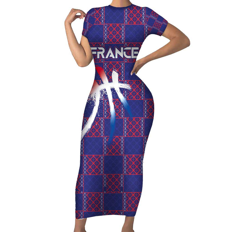 Custom Basketball Fan Jersey French Paris Architectural Heritage Checkered Style Short Sleeve Bodycon Dress