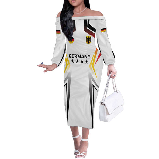 Custom Germany 2024 Football Go Champions Nationalelf White Version Off The Shoulder Long Sleeve Dress