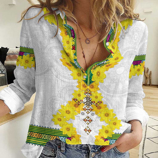Enkutatash Ethiopia New Year Tilet Pattern With Adey Abeba Flowers Women Casual Shirt