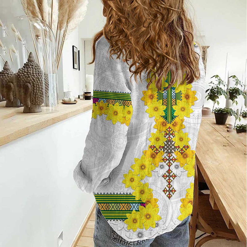Enkutatash Ethiopia New Year Tilet Pattern With Adey Abeba Flowers Women Casual Shirt
