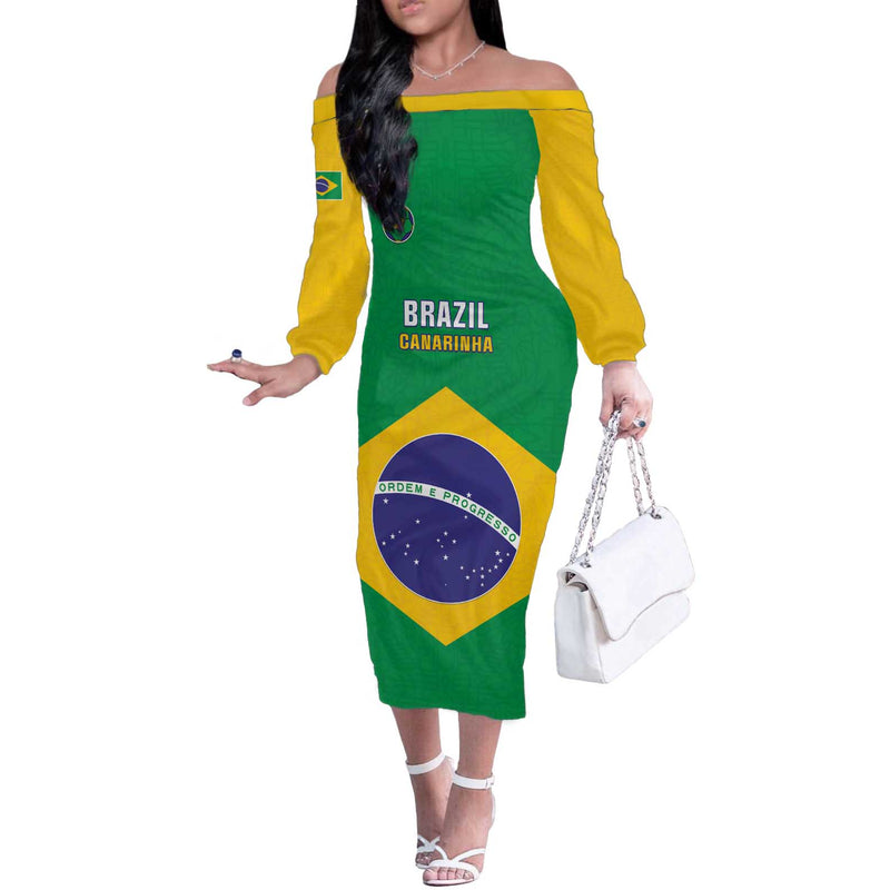 Custom Brazil Football Flag Style Off The Shoulder Long Sleeve Dress