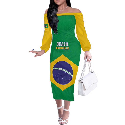 Custom Brazil Football Flag Style Off The Shoulder Long Sleeve Dress