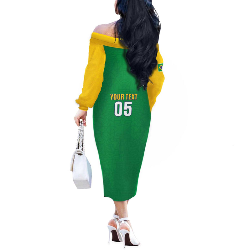 Custom Brazil Football Flag Style Off The Shoulder Long Sleeve Dress