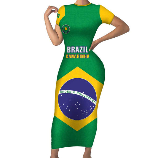 Custom Brazil Football Flag Style Short Sleeve Bodycon Dress