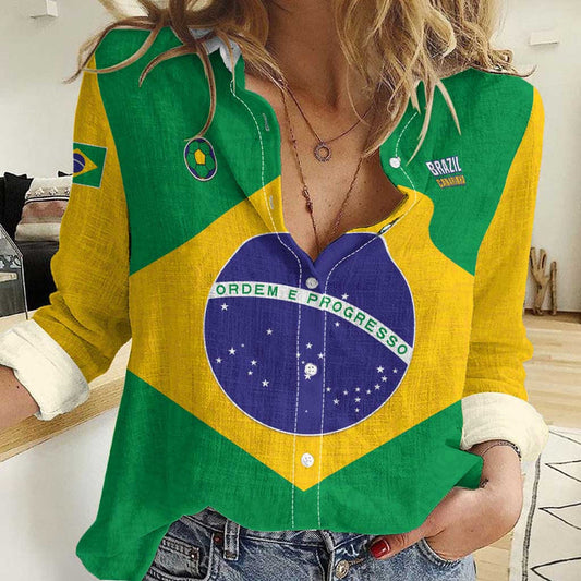 Custom Brazil Football Flag Style Women Casual Shirt