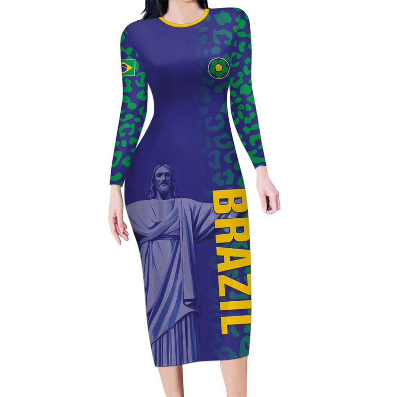 Custom Brazil Football With Leopard Pattern Long Sleeve Bodycon Dress
