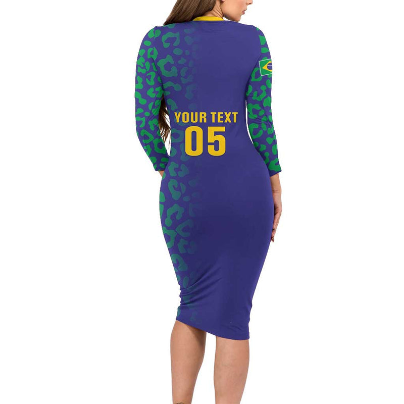 Custom Brazil Football With Leopard Pattern Long Sleeve Bodycon Dress