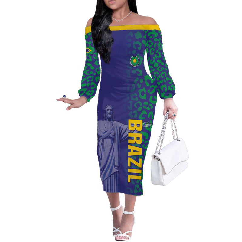 Custom Brazil Football With Leopard Pattern Off The Shoulder Long Sleeve Dress