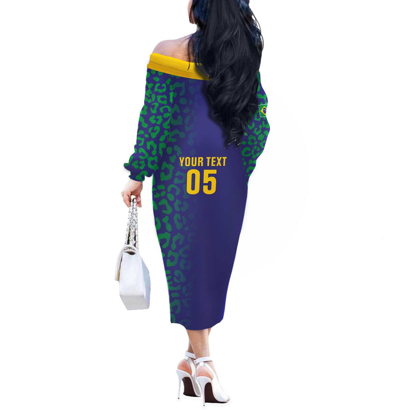 Custom Brazil Football With Leopard Pattern Off The Shoulder Long Sleeve Dress