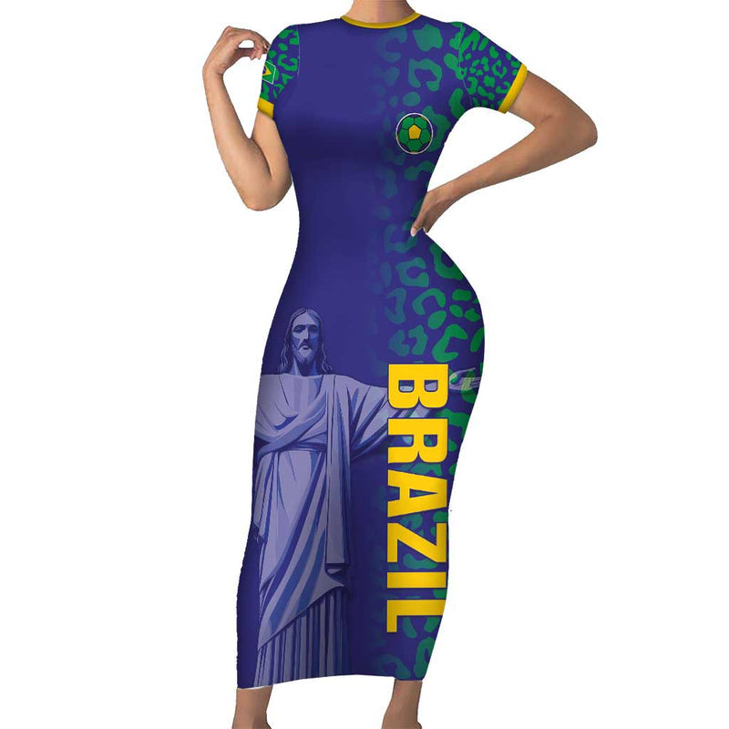 Custom Brazil Football With Leopard Pattern Short Sleeve Bodycon Dress
