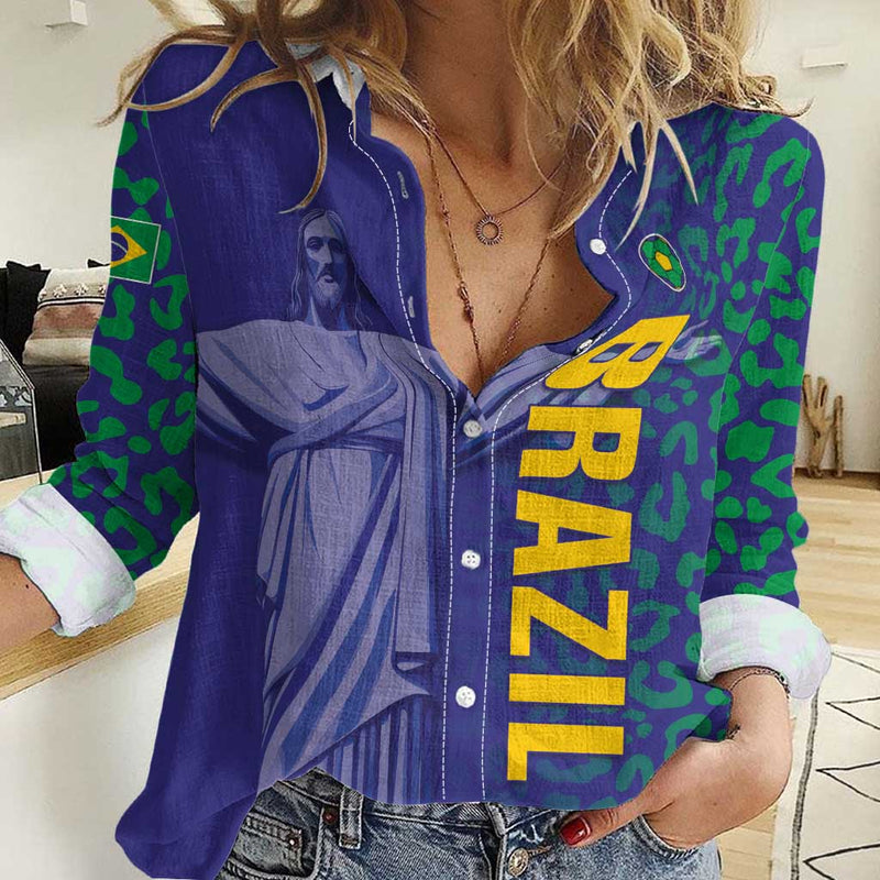 Custom Brazil Football With Leopard Pattern Women Casual Shirt